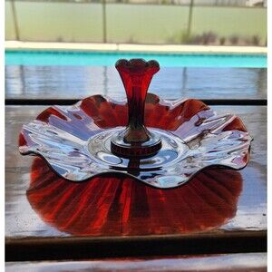 Vintage Anchor Hocking Glass Candy Dish Tidbit Tray Royal Ruby Red Center Handle